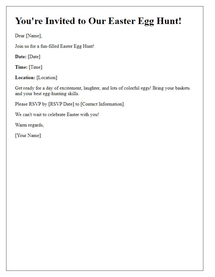 Letter template of festive Easter egg hunt invitation