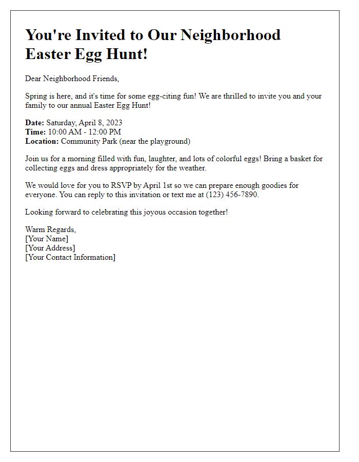 Letter template of neighborhood Easter egg hunt invitation