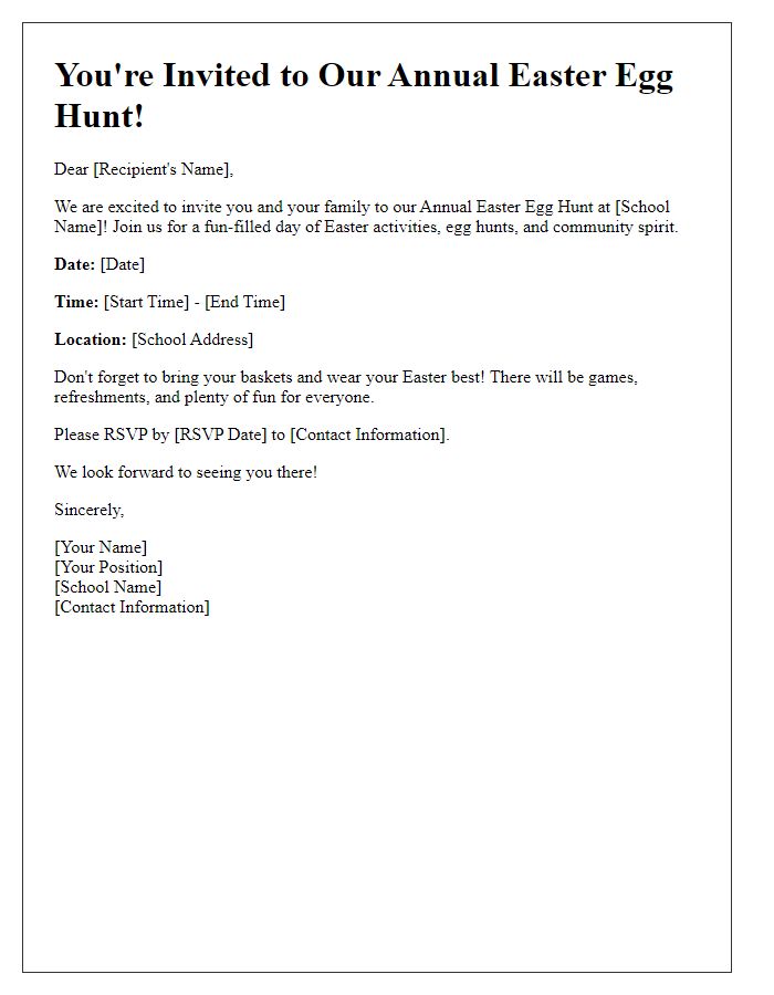 Letter template of school Easter egg hunt invitation