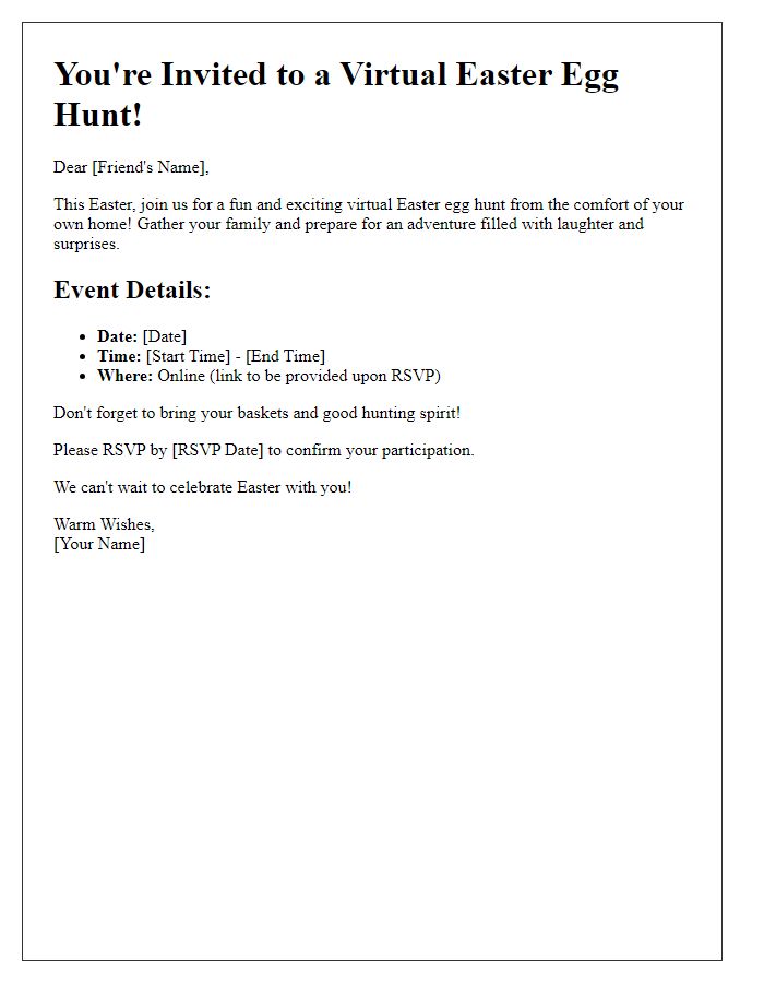 Letter template of virtual Easter egg hunt invitation