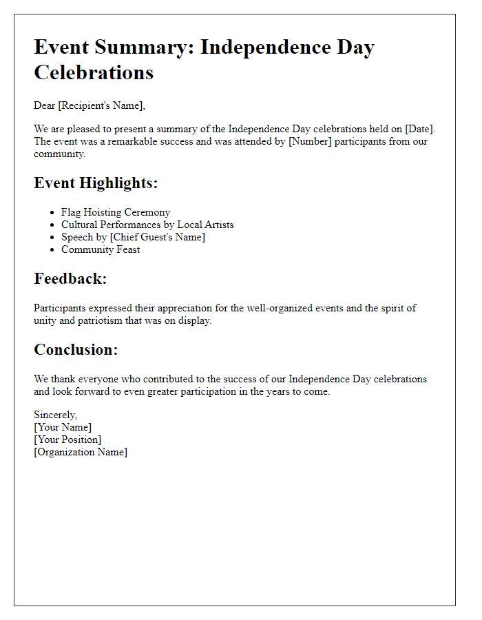 Letter template of Event Summary for Independence Day Celebrations