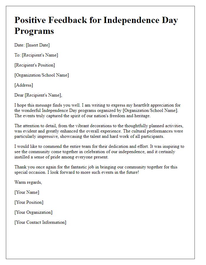 Letter template of Positive Feedback for Independence Day Programs