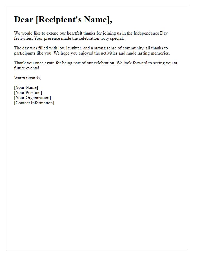 Letter template of Thank You for Joining Independence Day Festivities