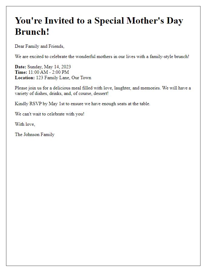 Letter template of a family-style Mothers Day brunch invitation