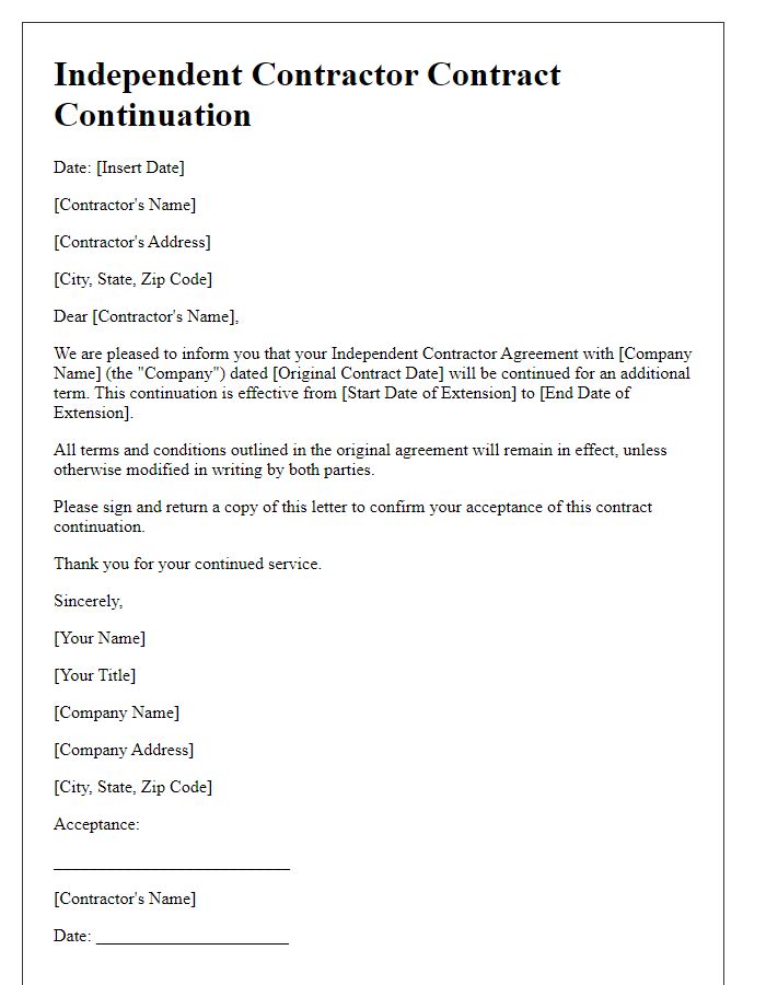 Letter template of Independent Contractor Contract Continuation