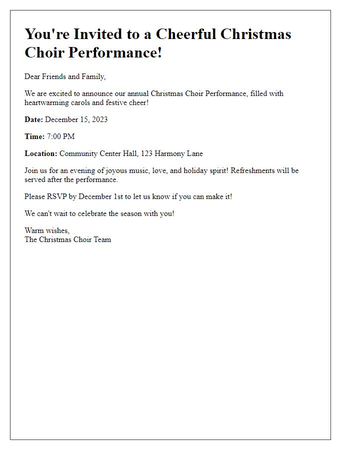 Letter template of cheerful Christmas choir performance invitation