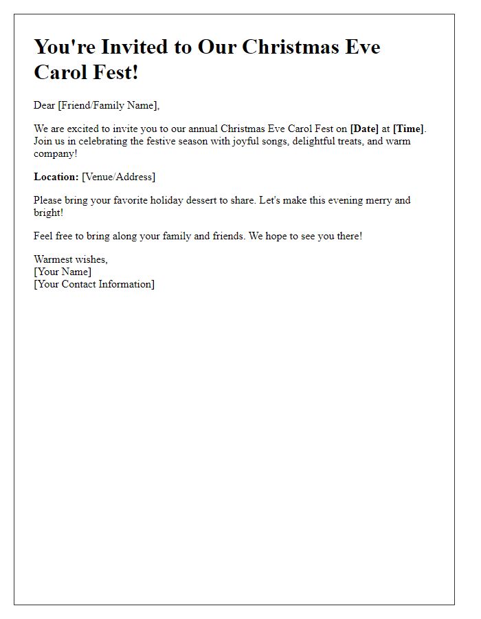 Letter template of Christmas Eve Carol Fest Invitation