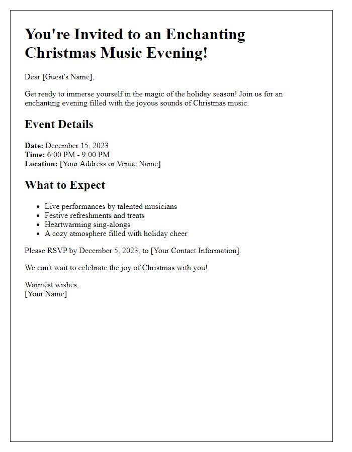 Letter template of enchanting Christmas music evening invite