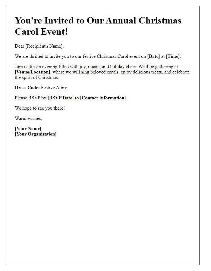 Letter template of festive Christmas carol event invitation