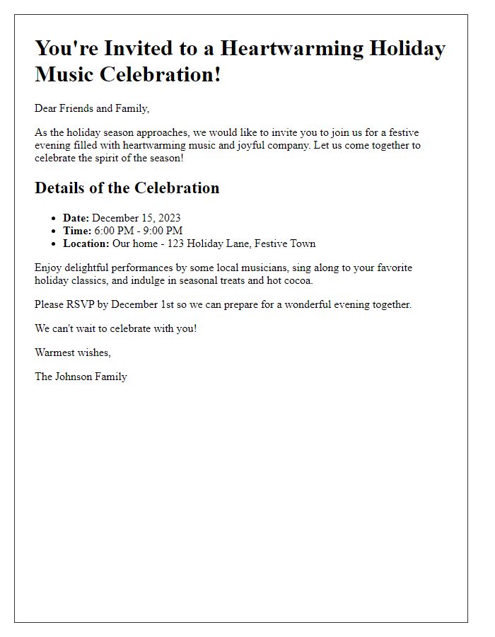 Letter template of heartwarming holiday music celebration invitation