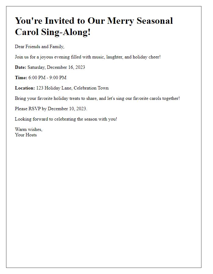 Letter template of merry seasonal carol sing-along invite