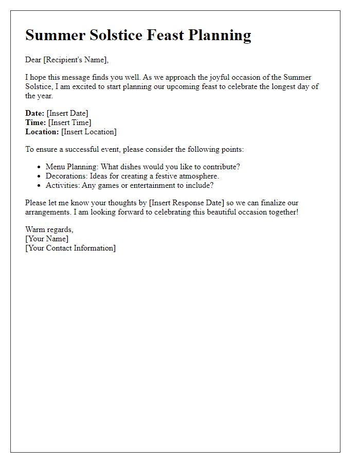 Letter template of Summer Solstice Feast Planning