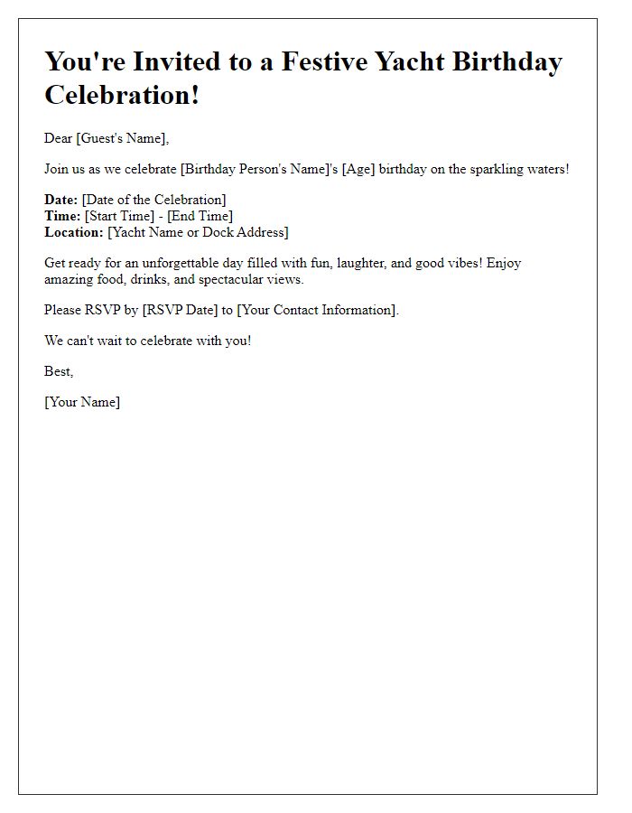 Letter template of festive yacht birthday celebration invitation