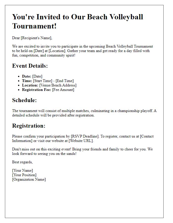 Letter template of beach volleyball tournament invitation