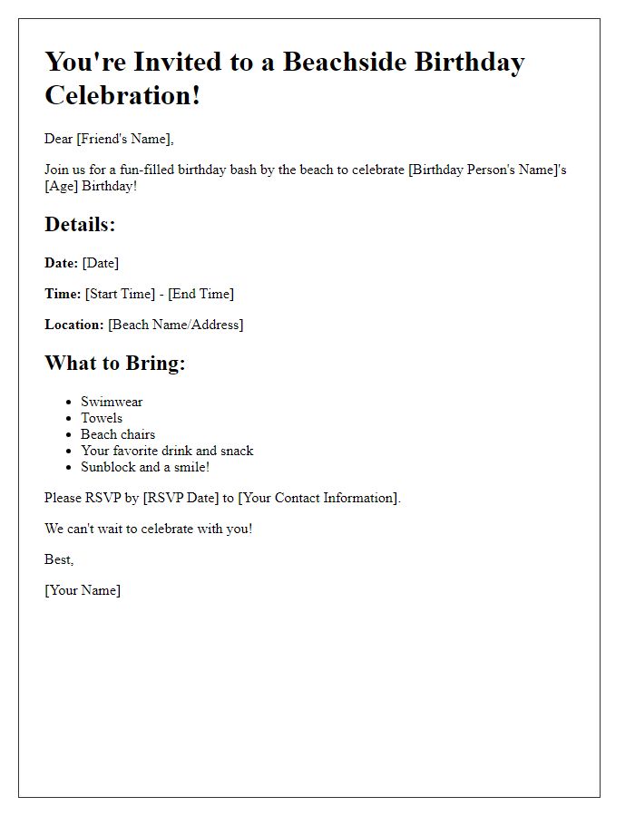 Letter template of beachside birthday celebration invitation