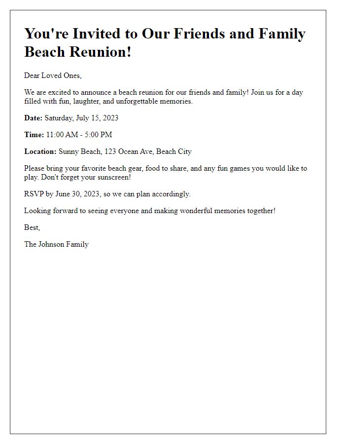 Letter template of friends and family beach reunion invitation