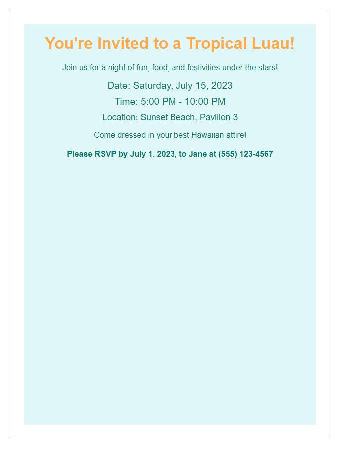 Letter template of themed beach luau invitation