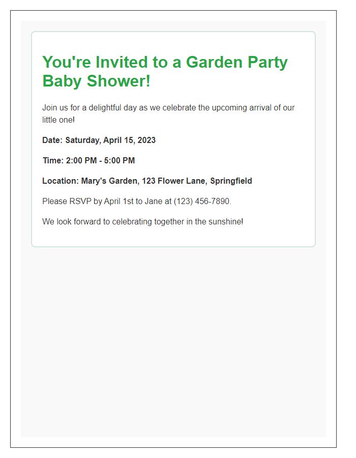 Letter template of garden party invitation for a baby shower