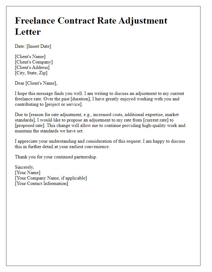 Letter template of freelance contract rate adjustment