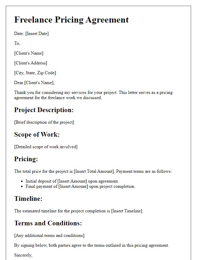 Letter template of freelance pricing agreement