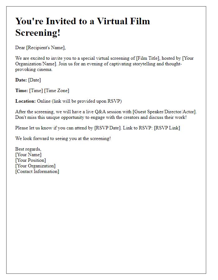 Letter template of virtual film screening invitation