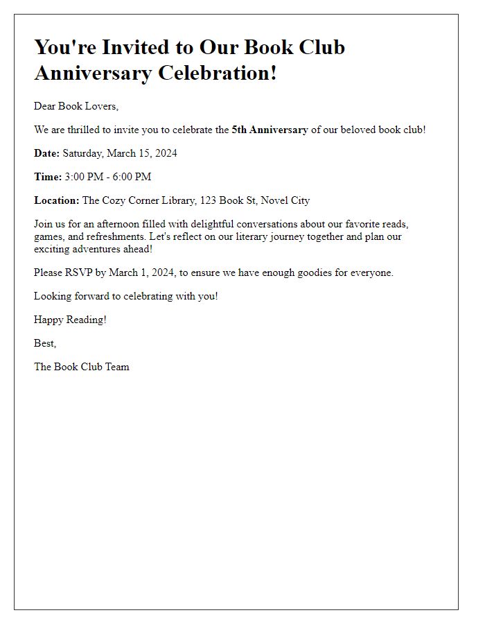 Letter template of a book club anniversary celebration invite