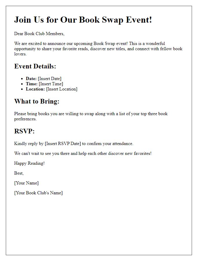 Letter template of a book swap event for book club members