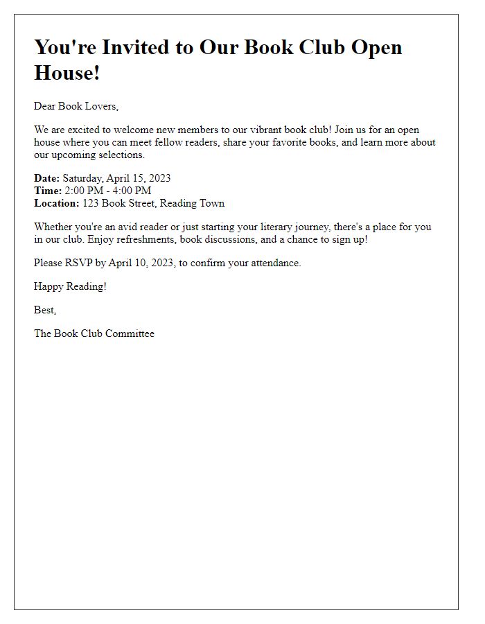 Letter template of an open house for new book club members