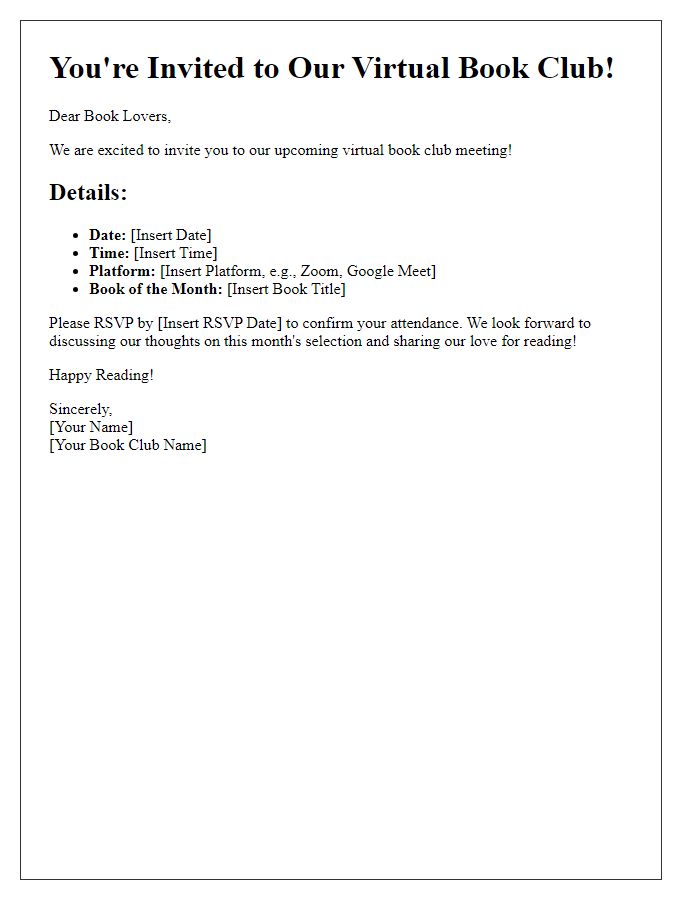 Letter template of a virtual book club meeting invite