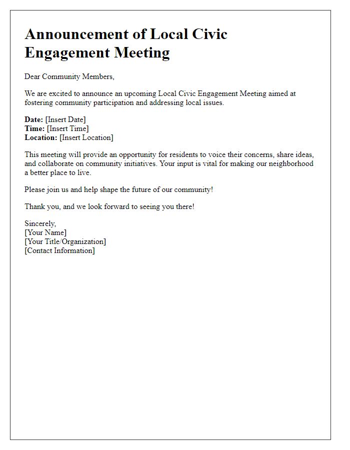 Letter template of announcement for local civic engagement meeting.