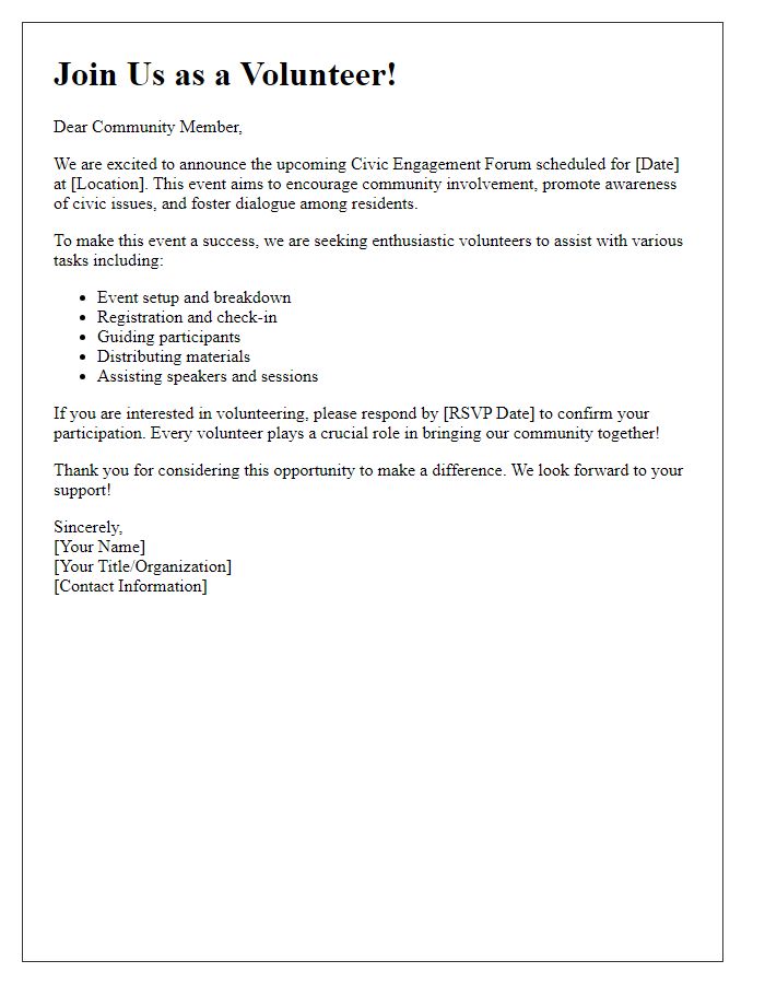 Letter template of call for volunteers at civic engagement forum.