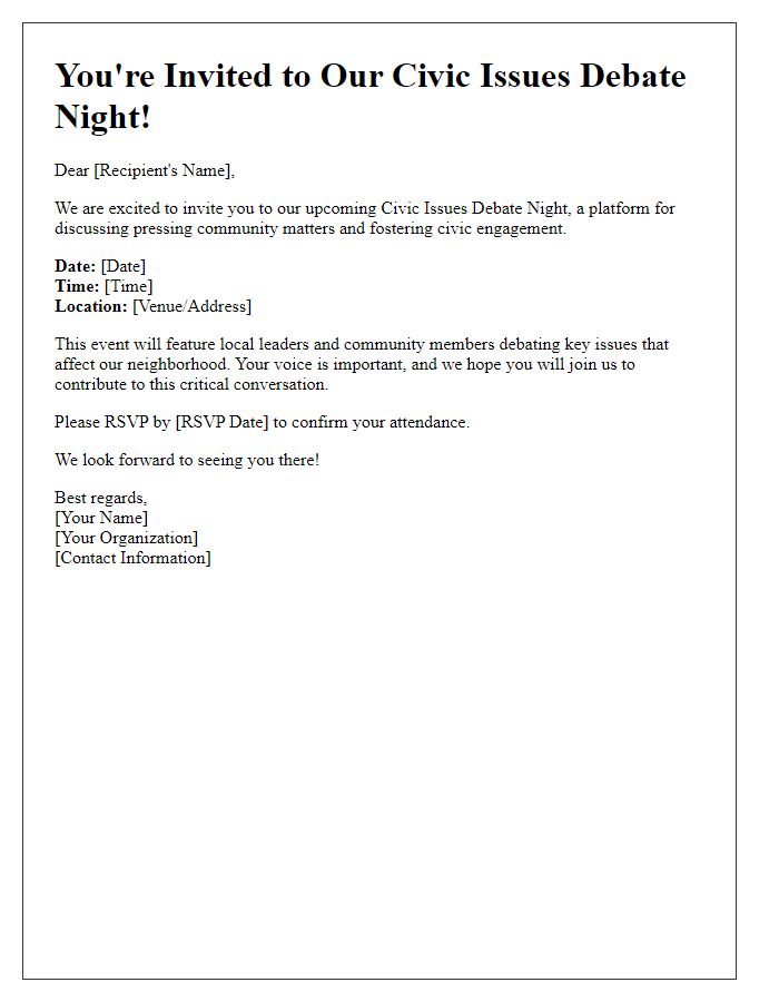 Letter template of invitation to a civic issues debate night.