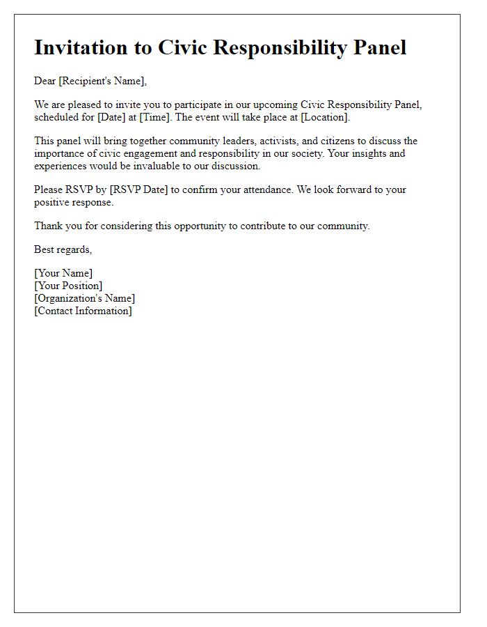 Letter template of invitation to a civic responsibility panel.