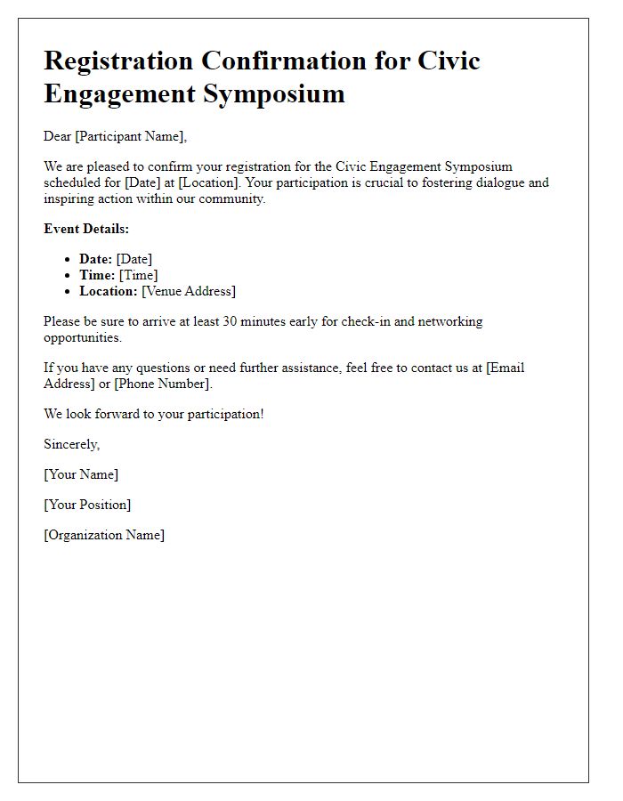 Letter template of registration for a civic engagement symposium.