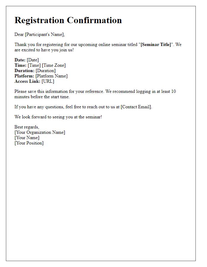 Letter template of online seminar registration confirmation