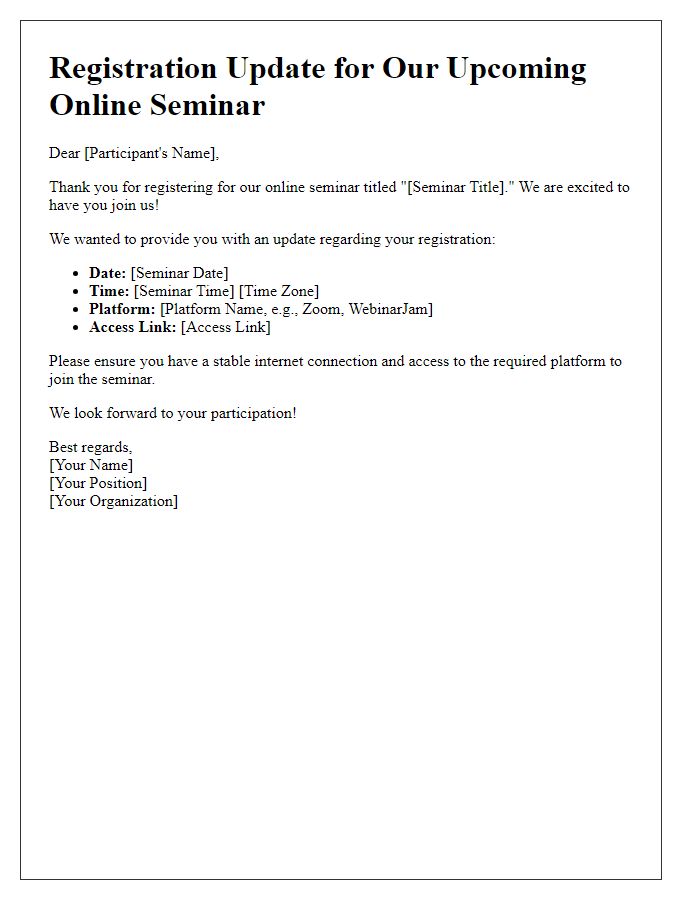 Letter template of online seminar registration update