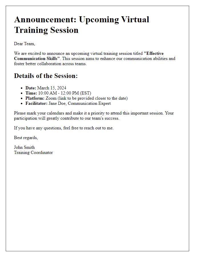 Letter template of virtual training session announcement