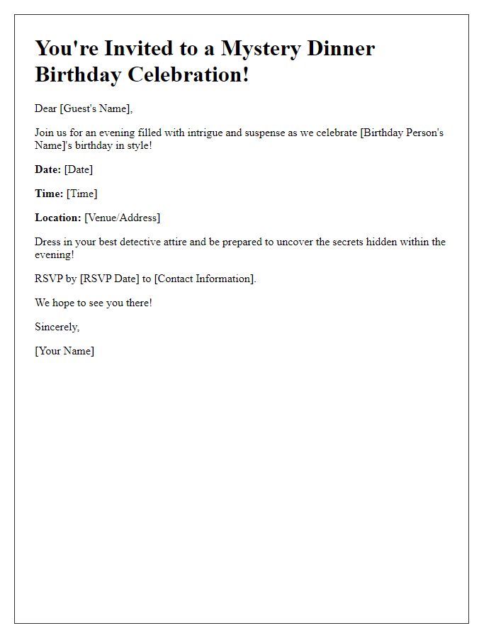 Letter template of a mystery dinner birthday invitation