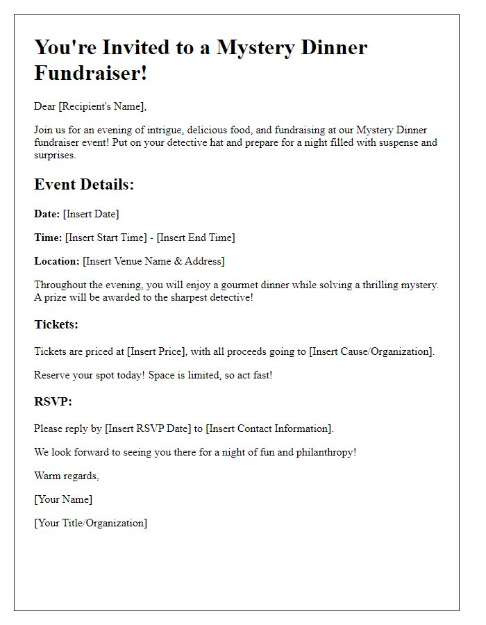 Letter template of a mystery dinner fundraiser invitation