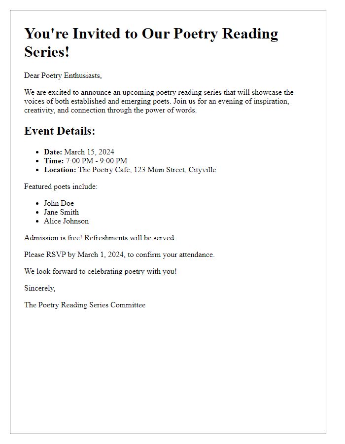 Letter template of announcement for upcoming poetry reading series