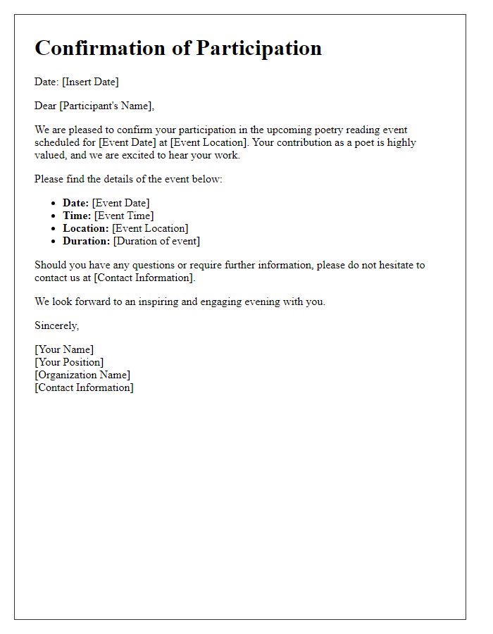 Letter template of confirmation for poetry reading participation