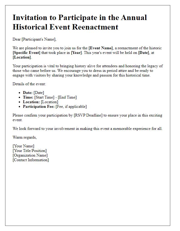 Letter template of invitation for historical event reenactment participation