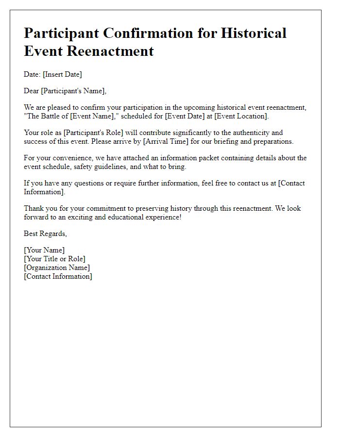 Letter template of participant confirmation for historical event reenactment