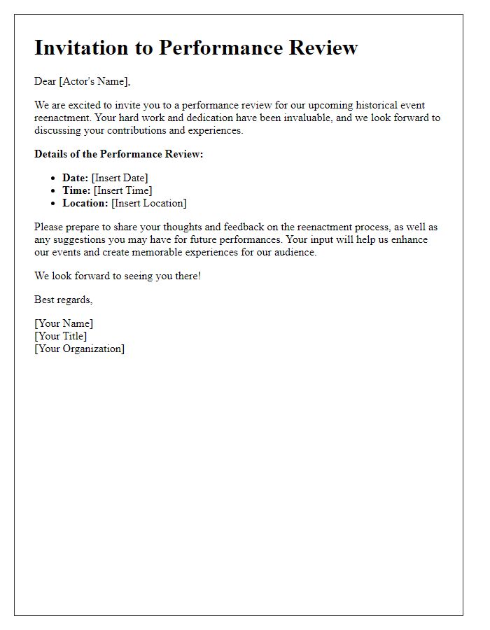 Letter template of performance review invitation for historical event reenactment actors