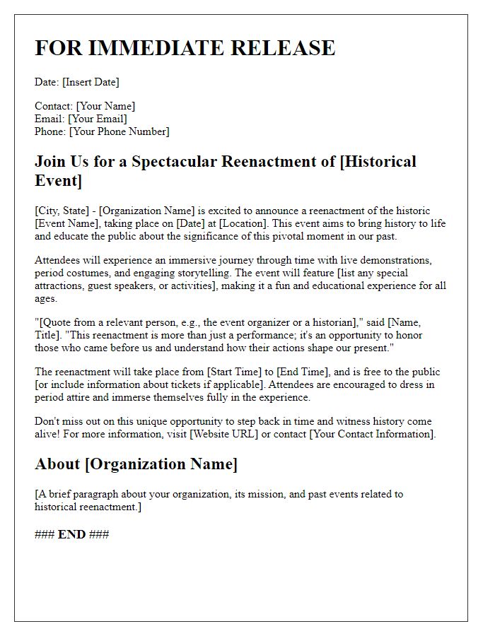 Letter template of press release for historical event reenactment