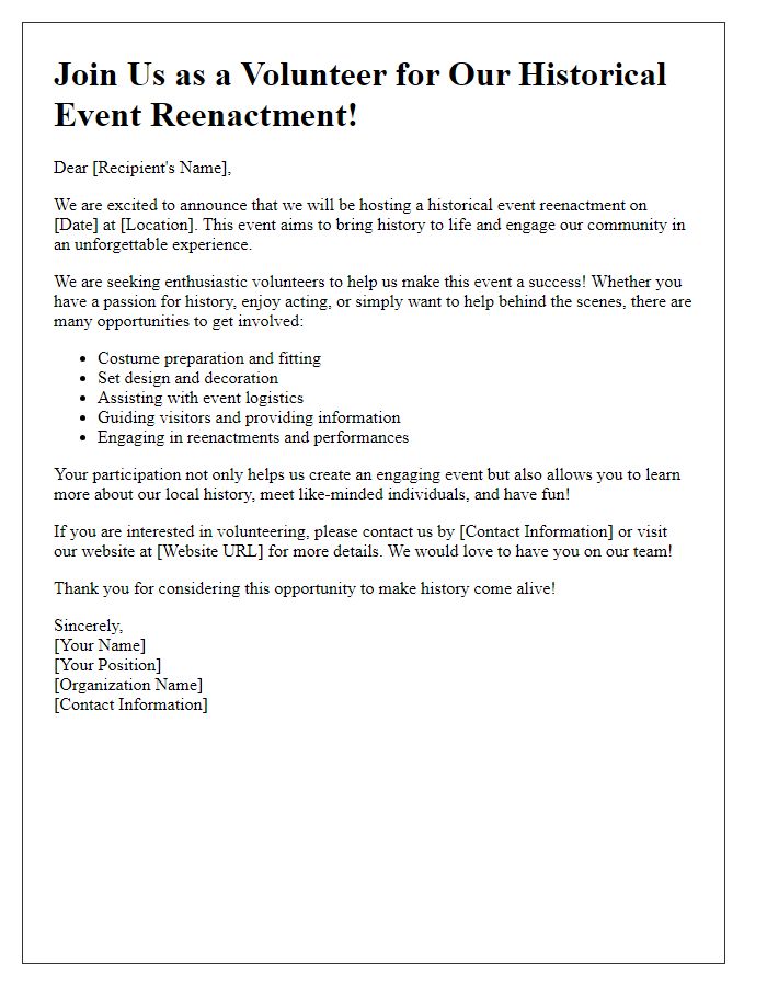 Letter template of volunteer recruitment for historical event reenactment