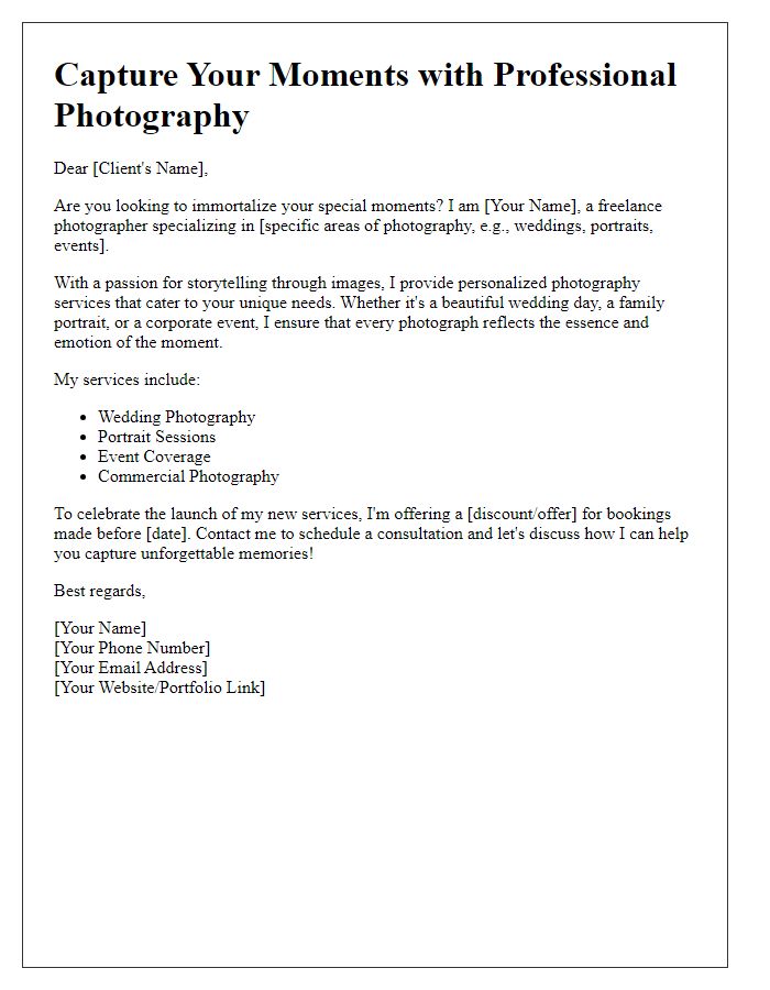 Letter template of freelance photography service promotion