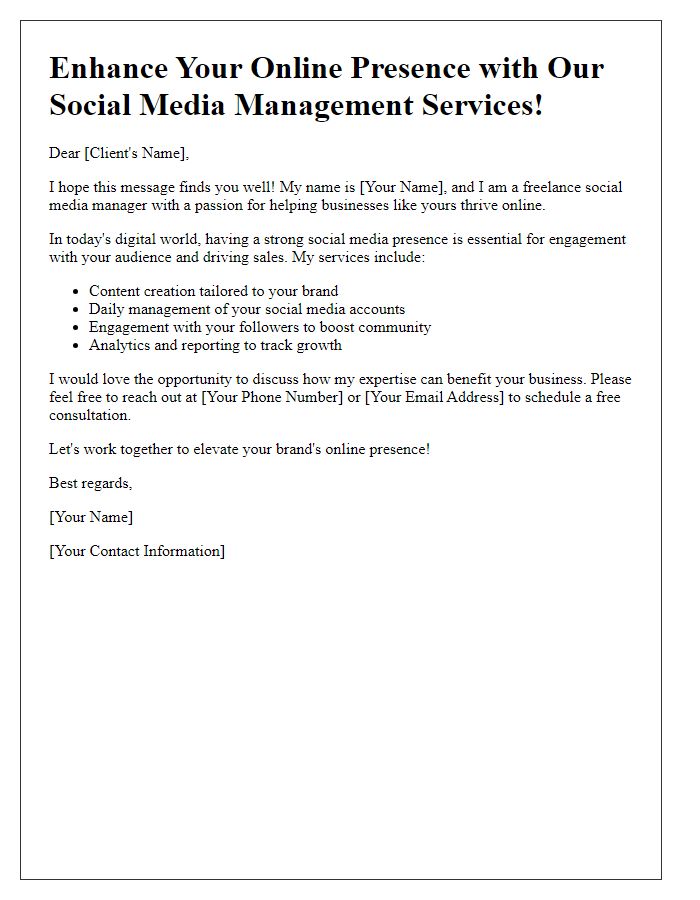 Letter template of freelance social media management service promotion