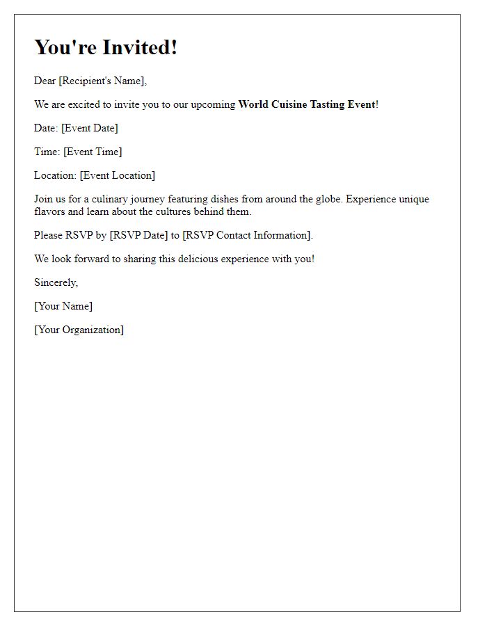 Letter template of world cuisine tasting event invitation