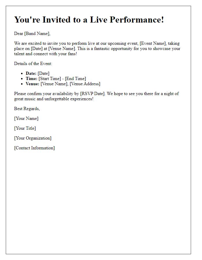 Letter template of live performance invitation for bands.